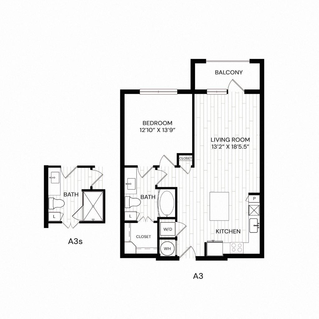 Floor plan for 1 bed, 1 bath, 804 sqft